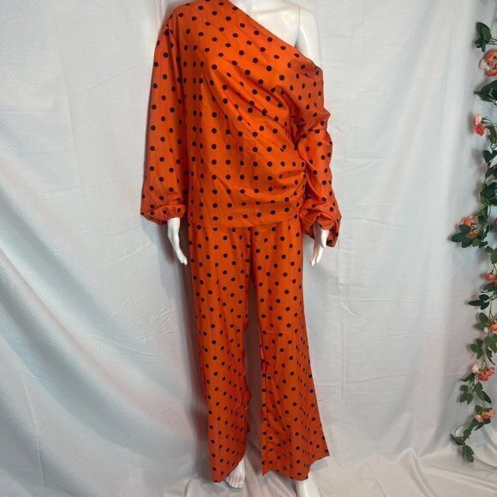 Two Piece Set Polka Dot Print Lantern Sleeve Top & Wide leg Pants Size M‎ - Picture 3 of 16